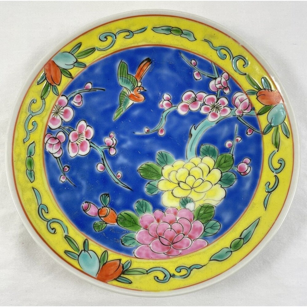 Nippon Floral Bird Plate Yamatoku Hand Painted Yellow Blue Japan Antique